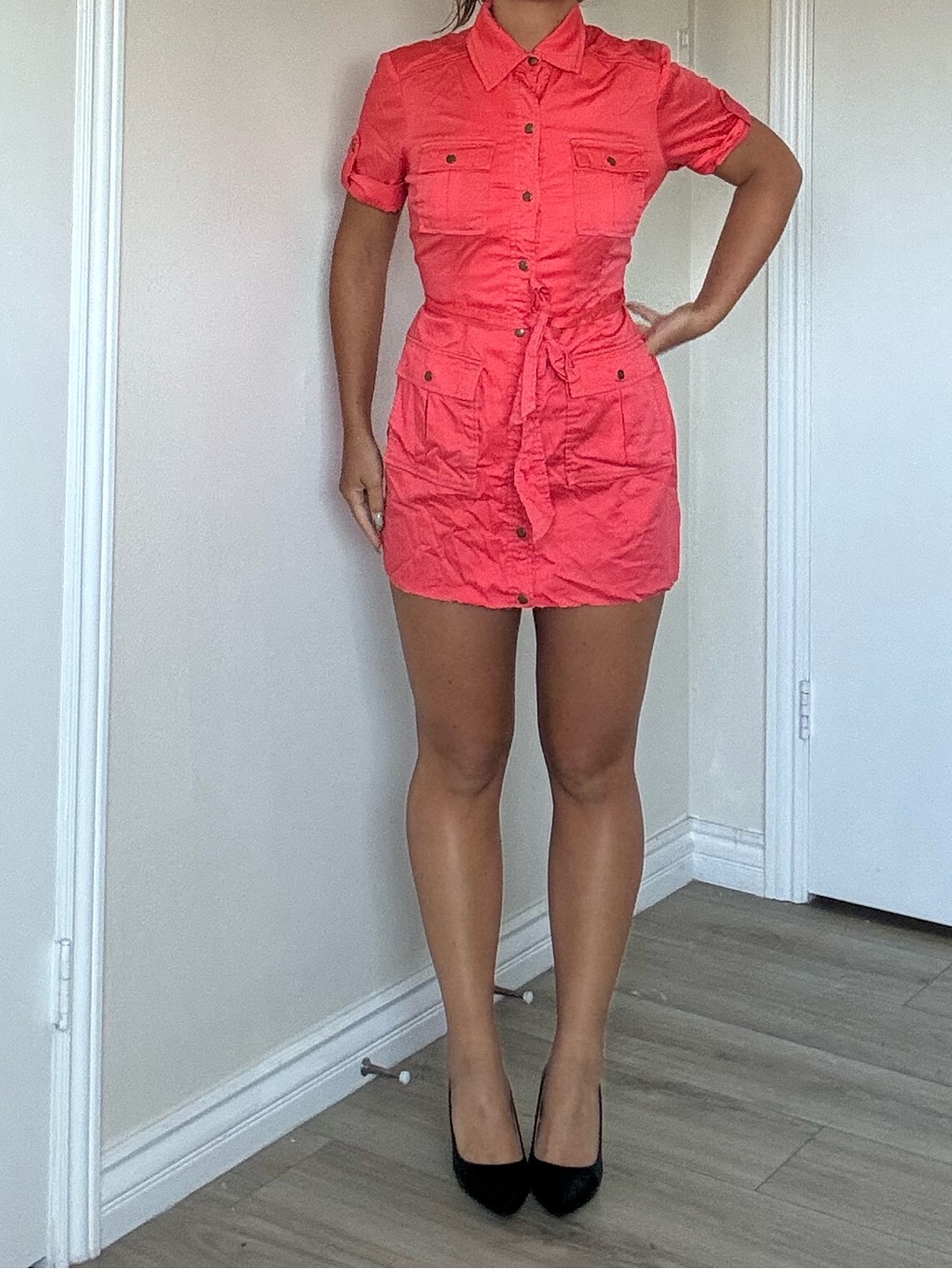 Chico's Coral Button-Front Shirt Dress with Leopard Lining
